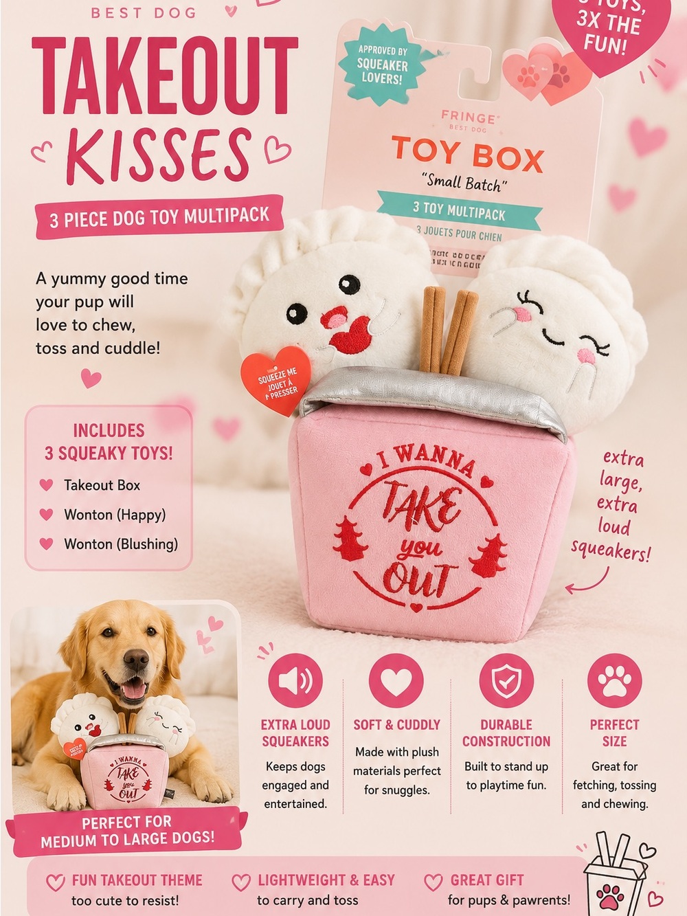 Fringe Studio Pink & Cream Plush Takeout Dog Toy Set